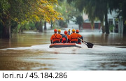 Rescue team navigating flooded streets after natural disaster. Стоковое AI-видео, аниматор Юрий Поздников / Фотобанк Лори