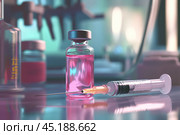 Glass ampoule with clear pink liquid and a syringe. Syringe next to the vial. Medicine bottle. Syringe of botulinum toxin, hualuronic, collagen or flu on a blue medical laboratory background. Close Up. Стоковое AI-изображение, AI-художник Марина Демидюк / Фотобанк Лори