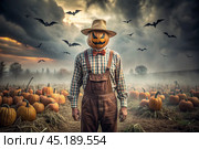 The concept of the Halloween holiday. Horror. Fear. A scary scarecrow with a pumpkin for a head, in a plaid shirt and a bow tie. Banner, postcard. Стоковое AI-изображение, AI-художник Photojuli / Фотобанк Лори