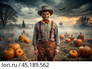 The concept of the Halloween holiday. Horror. Fear. A scary scarecrow with a pumpkin for a head, in a plaid shirt and a bow tie. Banner, postcard. Стоковое AI-изображение, AI-художник Photojuli / Фотобанк Лори