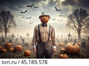 The concept of the Halloween holiday. Horror. Fear. A scary scarecrow with a pumpkin for a head, in a plaid shirt and a bow tie. Banner, postcard. Стоковое AI-изображение, AI-художник Photojuli / Фотобанк Лори
