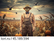 The concept of the Halloween holiday. Horror. Fear. A scary scarecrow with a pumpkin for a head, in a plaid shirt and a bow tie. Banner, postcard. Стоковое AI-изображение, AI-художник Photojuli / Фотобанк Лори