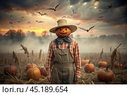 The concept of the Halloween holiday. Horror. Fear. A scary scarecrow with a pumpkin for a head, in a plaid shirt and a bow tie. Banner, postcard. Стоковое AI-изображение, AI-художник Photojuli / Фотобанк Лори