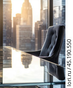 Office interior with black armchair and city view. Стоковое AI-изображение, AI-художник Татьяна  Бральнина / Фотобанк Лори