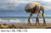 Futuristic robot covered in barnacles stands on a serene beach with seagulls flying above, AI. Стоковое AI-изображение, AI-художник Сергей Старуш / Фотобанк Лори