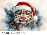 An image of a leopard in a Santa hat, surrounded by snowy fir branches and pine cones. The leopard looks attentive and serious, which creates an interesting contrast with the festive paraphernalia. Soft snowflakes are visible in the background, which add a wintery atmosphere and make the image magical. This unusual combination of wildlife and Christmas symbols emphasizes the uniqueness and originality of the image, which conveys both a festive mood and natural strength. Стоковое AI-изображение, AI-художник Анна Кривицкая / Фотобанк Лори