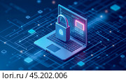 Cybersecurity concept with secure laptop, digital padlock on screen, data protection visualization, circuit board background for software and hardware safety. Стоковое AI-изображение, AI-художник Павел Муравьев / Фотобанк Лори