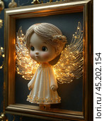 Little angel on a Christmas tree. Christmas Eve is the day before the Nativity of Christ. Christmas Eve falls on January 6 (December 24). Christmas card. Стоковое AI-изображение, AI-художник Сергей Елизарьев / Фотобанк Лори