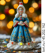 Snow Maiden, Christmas tree toy. Colorful New Year toys, papier-mache. New Year festive atmosphere. New Year card. Стоковое AI-изображение, AI-художник Сергей Елизарьев / Фотобанк Лори