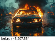 Burning car in a destroyed cityscape. Flames engulf the car, black smoke rises into the sky, creating an atmosphere of chaos and destruction. The road is wet from the rain, reflecting the fire, adding drama to the scene. The photo symbolizes riots, protests, or the devastating effects of a disaster in an urban setting. Стоковое AI-изображение, AI-художник Анна Кривицкая / Фотобанк Лори