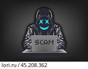 Vector cyber poster. Internet security. An unknown hooded scammer sitting at a mobile computer. Be careful, scam. Dangerous hacker. Мошенник. Стоковая иллюстрация, иллюстратор GAlexS / Фотобанк Лори