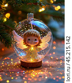 Little angel on the tree, Christmas tree toy, ball. Christmas card. Стоковое AI-изображение, AI-художник Сергей Елизарьев / Фотобанк Лори