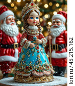 Snow Maiden, Christmas tree toy. Colorful New Year toys, papier-mache. New Year festive atmosphere. New Year card. Стоковое AI-изображение, AI-художник Сергей Елизарьев / Фотобанк Лори