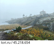 Foggy morning at Volosyanaya mountain, Kandalaksha, showcasing unique landscape and tranquility. Path to Dubldom cabin. Редакционное фото, фотограф Александра Селина / Фотобанк Лори