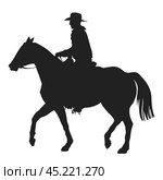 Person wearing a cowboy hat and a neckerchief riding a horseback, isolated vector silhouette. Стоковая иллюстрация, иллюстратор Долотова Елена Викторовна / Фотобанк Лори