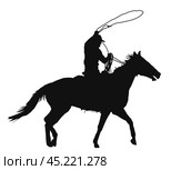 Cowboy holding a lasso rides a horse, isolated vector silhouette. Стоковая иллюстрация, иллюстратор Долотова Елена Викторовна / Фотобанк Лори