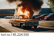 Burning car. Fire of a passenger car in a city parking lot. Fire in the engine compartment, short circuit in the wiring. Open fire and black smoke. Road incident. Gangster mafia wars, AI. Стоковое AI-изображение, AI-художник Sergey Grishin / Фотобанк Лори