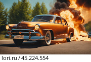 Burning car. Fire of a passenger car in a city parking lot. Fire in the engine compartment, short circuit in the wiring. Open fire and black smoke. Road incident. Gangster mafia wars, AI. Стоковое AI-изображение, AI-художник Sergey Grishin / Фотобанк Лори