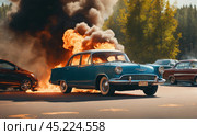 Burning car. Fire of a passenger car in a city parking lot. Fire in the engine compartment, short circuit in the wiring. Open fire and black smoke. Road incident. Gangster mafia wars, AI. Стоковое AI-изображение, AI-художник Sergey Grishin / Фотобанк Лори