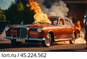 Burning car. Fire of a passenger car in a city parking lot. Fire in the engine compartment, short circuit in the wiring. Open fire and black smoke. Road incident. Gangster mafia wars, AI. Стоковое AI-изображение, AI-художник Sergey Grishin / Фотобанк Лори