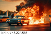 Burning car. Fire of a passenger car in a city parking lot. Fire in the engine compartment, short circuit in the wiring. Open fire and black smoke. Road incident. Gangster mafia wars, AI. Стоковое AI-изображение, AI-художник Sergey Grishin / Фотобанк Лори