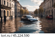 Flooding in european country, washed out street, destroyed furniture, cars floating in the water. Flooding river flooded town house. Natural disaster, global heating concept, AI. Стоковое AI-изображение, AI-художник Sergey Grishin / Фотобанк Лори