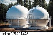 White spherical tanks for storing hydrogen gas at outdoor storage facility. Natural gas tank - LNG or liquefied natural Industrial Spherical gas storage equipment. Gas tank farm in petroleum refinery, AI. Стоковое AI-изображение, AI-художник Sergey Grishin / Фотобанк Лори