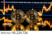 Bitcoin to the moon, bullish BTC, investment in BTC cryptocurrency increases high value, abstract, gold medal floating, candlestick graphs and bright green arrows on the back, AI. Стоковое AI-изображение, AI-художник Sergey Grishin / Фотобанк Лори