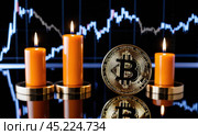 Bitcoin to the moon, bullish BTC, investment in BTC cryptocurrency increases high value, abstract, gold medal floating, candlestick graphs and bright green arrows on the back, AI. Стоковое AI-изображение, AI-художник Sergey Grishin / Фотобанк Лори