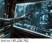 A robotic arm connecting to an artificial intelligence interface in a futuristic design integrating communication technologies. Стоковое AI-изображение, AI-художник Ярославский Максим / Фотобанк Лори