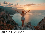 Счастливая, радостная, девушка в горах на фоне моря и восходящего, заходящего солнца. Удача, радость, счастье, жизнь удалась. Happy, joyful woman in the mountains against the backdrop of the sea and the rising, setting sun. Luck, joy, happiness, life is good. Стоковое AI-изображение, AI-художник Юрий Пуликов / Фотобанк Лори