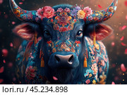 A bull with colorful and intricate decorative patterns all over its body. Its horns are decorated with floral motifs and ornaments, and detailed patterns are visible on its head and around its eyes, adding an exotic and festive look. The picture is done in rich colors, with blue, red and gold tones predominating. The petals, as if flying in the air, create a sense of movement and add dynamism to the picture. The background is blurred to focus attention on the bull and its ornamental decoration. Стоковое AI-изображение, AI-художник Анна Кривицкая / Фотобанк Лори