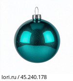 Turquoise Christmas ball highlighted on a white background. Стоковое AI-изображение, AI-художник Елена Зубкова / Фотобанк Лори