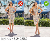 Collage two photos. Common mistakes in female posing and how to avoid them. Стоковое фото, фотограф Андрей Аркуша / Фотобанк Лори