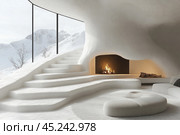 A modern interior with a minimalist design, set against the backdrop of snowy mountains. The room is done in light colors, with smooth lines and shapes reminiscent of a cave. The central place is occupied by a built-in fireplace with an open fire, creating a cozy atmosphere. The interior has steps leading to a panoramic window overlooking the snow-capped mountains, and upholstered furniture of an unusual shape. Стоковое AI-изображение, AI-художник Анна Кривицкая / Фотобанк Лори