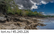 Littoral at low tide. The rocky coast is exposed. Puddles of water between boulders. Green vegetation on the shore. Clouds in the blue sky. Madagascar. Nosy Be. Стоковое фото, фотограф Вера Ивановна Кубарева / Фотобанк Лори