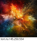 Vibrant cosmic explosion filled with colorful gases and particles swirling in the depths of space. Стоковое AI-изображение, AI-художник Natalia Akashkina / Фотобанк Лори