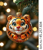 Striped tiger cub on a Christmas tree, colorful Christmas tree toy. New Year's decor. Festive New Year's atmosphere. Стоковое AI-изображение, AI-художник Сергей Елизарьев / Фотобанк Лори