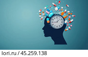 Time management and medication adherence: clock inside human head symbolizing scheduled pill intake. Стоковое AI-изображение, AI-художник Юрий Поздников / Фотобанк Лори