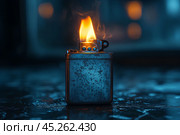 Горящая старая зажигалка на столе в темной комнате. Copy ad text space. Стоковое AI-изображение, AI-художник Щеголева Ольга / Фотобанк Лори