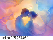 Любовь, молодая пара в окружении мягких разноцветных облаков. Стоковое AI-изображение, AI-художник Щеголева Ольга / Фотобанк Лори