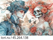 Two characters in a gothic style: a man in an aristocratic outfit with a high hat decorated with flowers, and a skeleton woman with red roses woven into her loose hair. Their gazes are directed at each other, creating a sense of romantic and tragic interaction between life and death. The background emphasizes the atmosphere of the old world and mysticism. The color palette is pastel, with a predominance of shades of blue and pink, which adds softness and depth to the illustration. Стоковое AI-изображение, AI-художник Анна Кривицкая / Фотобанк Лори