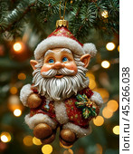 Fairytale brownie on the tree, bright Christmas tree toy. New Year's decor. Festive New Year's atmosphere. Стоковое AI-изображение, AI-художник Сергей Елизарьев / Фотобанк Лори