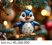 Funny penguin on the tree, bright Christmas tree toy. New Year's decor. Festive New Year's atmosphere. Стоковое AI-изображение, AI-художник Сергей Елизарьев / Фотобанк Лори