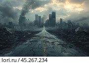 Desolate Cityscape With Smoke and Debris After a Catastrophe. Стоковое AI-изображение, AI-художник Юлия Гапеенко / Фотобанк Лори