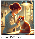 Female veterinarian with red hair tied in a bun, tenderly touching the head of a red and white cat sitting on the table in a veterinary clinic. The woman is dressed in a white coat, with a stethoscope on her neck. The veterinarian looks sympathetic and gentle, creating an atmosphere of care and attention. The light from the lamp above and the sun rays breaking through the window illuminate the scene with a soft and warm light, giving the photo a cozy and calm feel. Стоковое AI-изображение, AI-художник Анна Кривицкая / Фотобанк Лори