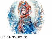 A girl in a bright and colorful costume reminiscent of Russian folk costume. Her image is decorated with decorative elements and ornaments in cold blue and warm red tones. A wide scarf with plant patterns and details similar to snow and frost patterns give the image the atmosphere of a winter fairytale character. The girl's face is calm and expressive, she looks like a heroine from Russian folk tales, embodying the beauty and power of nature. Стоковое AI-изображение, AI-художник Анна Кривицкая / Фотобанк Лори