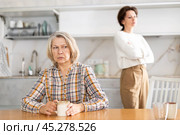 Offended elderly woman listens to complaints from her daughter at home. Стоковое фото, фотограф Яков Филимонов / Фотобанк Лори