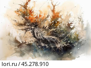 Watercolor abstraction, reminiscent of a branchy tree or a wind flow intertwined with autumn leaves. The painting is done in warm shades, with a soft combination of brown, orange and gray tones, which creates a sense of movement and autumn coziness. The work has light, free strokes that convey natural dynamics and spontaneity. Стоковое AI-изображение, AI-художник Анна Кривицкая / Фотобанк Лори