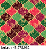 Seamless hand drawn colorful pattern with rhombuses and doodle butterflies in traditional colors. Vector image. Стоковая иллюстрация, иллюстратор Ольга Дроздова / Фотобанк Лори